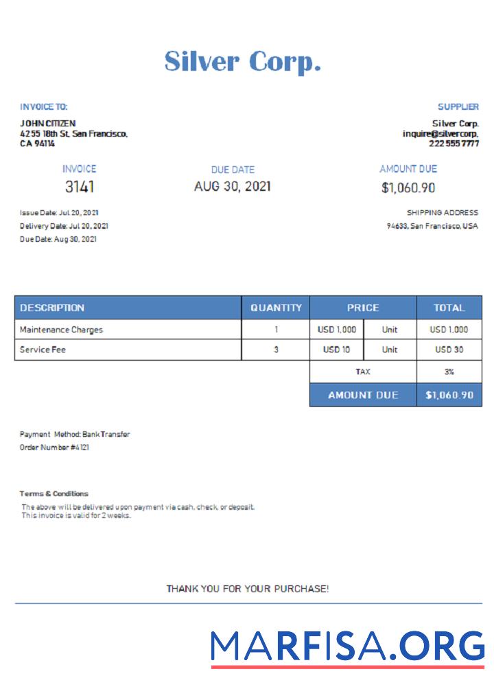 Realistic USA Silver Corp. invoice template